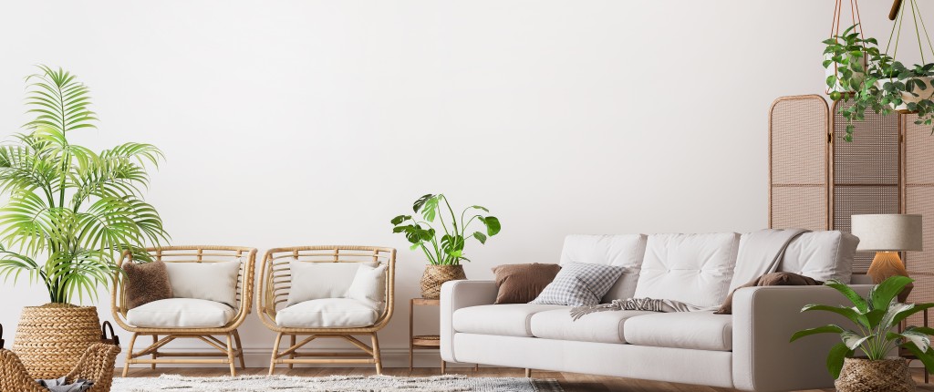 Farmhouse Interior Living Room, Empty Wall Mockup In White Room With Wooden Furniture And Lots Of Green Plants